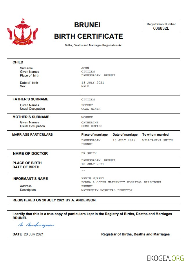 Modèle Word et PDF d'acte de naissance d'acte d'état civil de Brunei